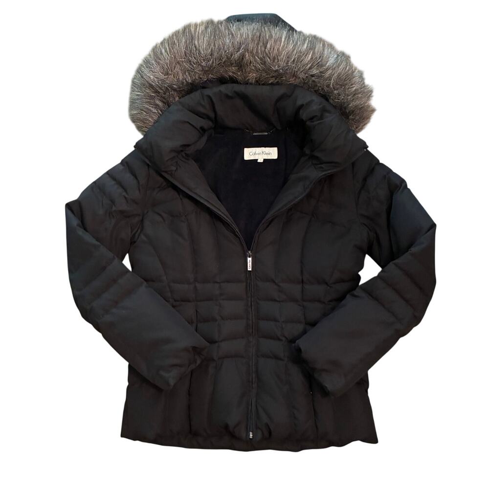 Calvin Klein Black Down Puffer Jacket Faux Fur Hood Winter Coat